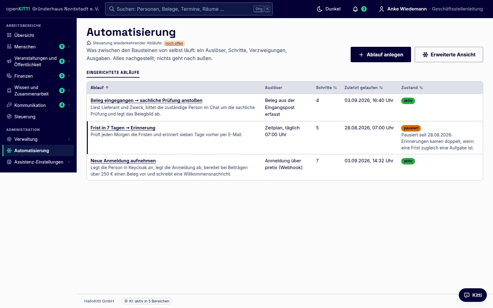 Automatisierung: die eingerichteten Abläufe mit Auslöser, Zahl der Schritte, letztem Lauf und Zustand.