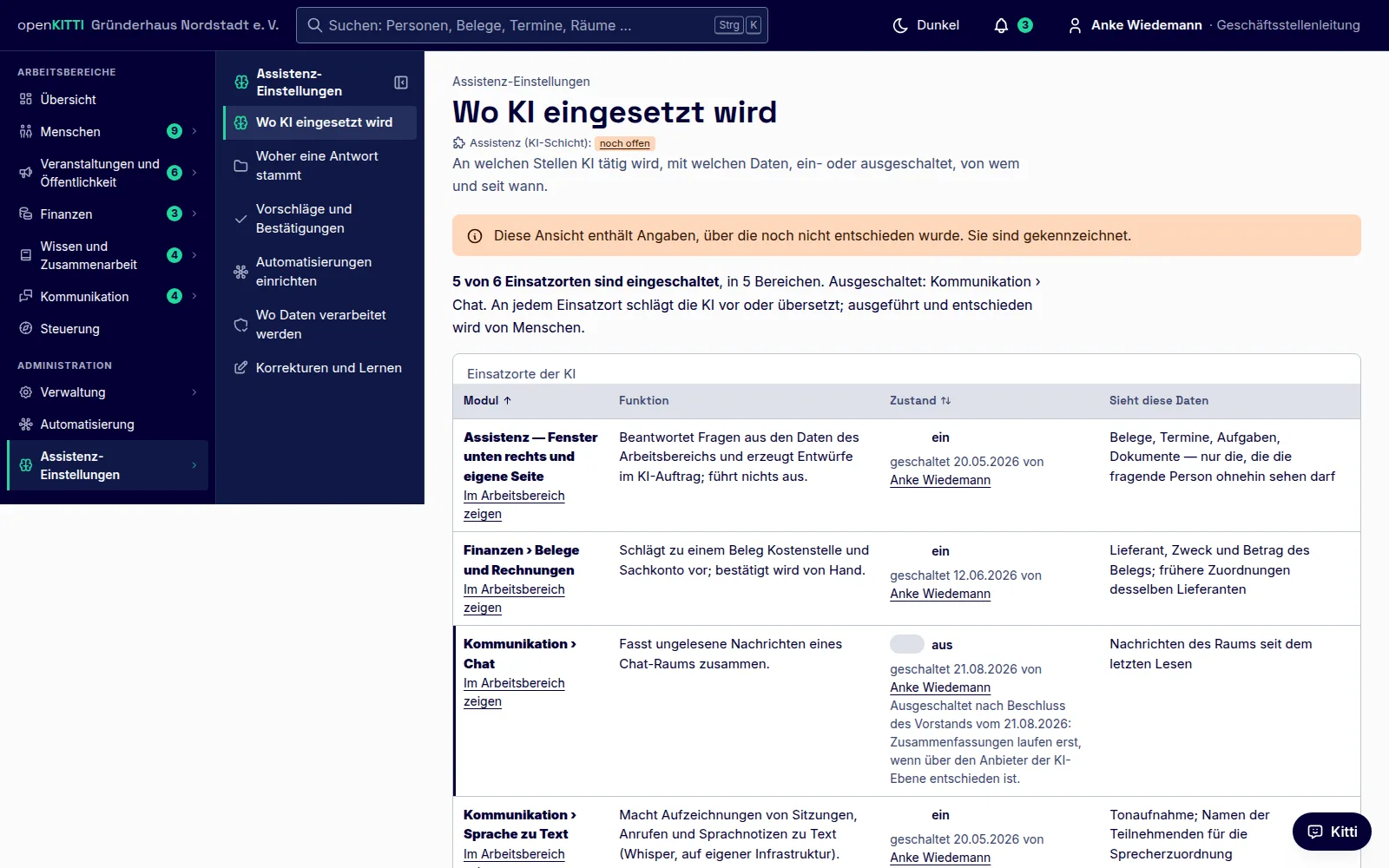 Assistenz-Einstellungen: die Einsatzorte mit Funktion, Zustand und den Daten, die sie sehen.