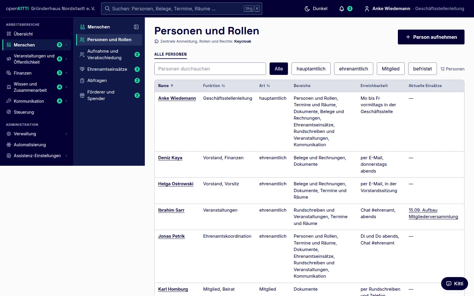 Personen und Rollen: die Liste mit Funktion, Art, Bereichen und Erreichbarkeit je Person.