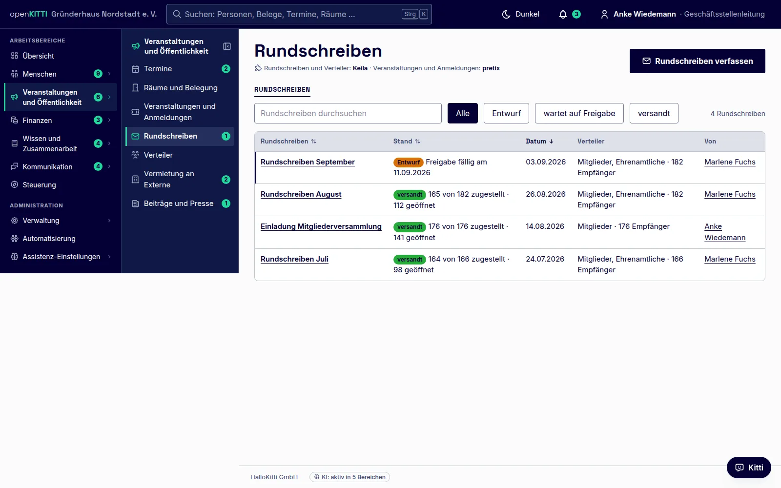 Rundschreiben: die Liste mit Stand, Zustellung, Datum, Verteiler und Verfasserin je Sendung.