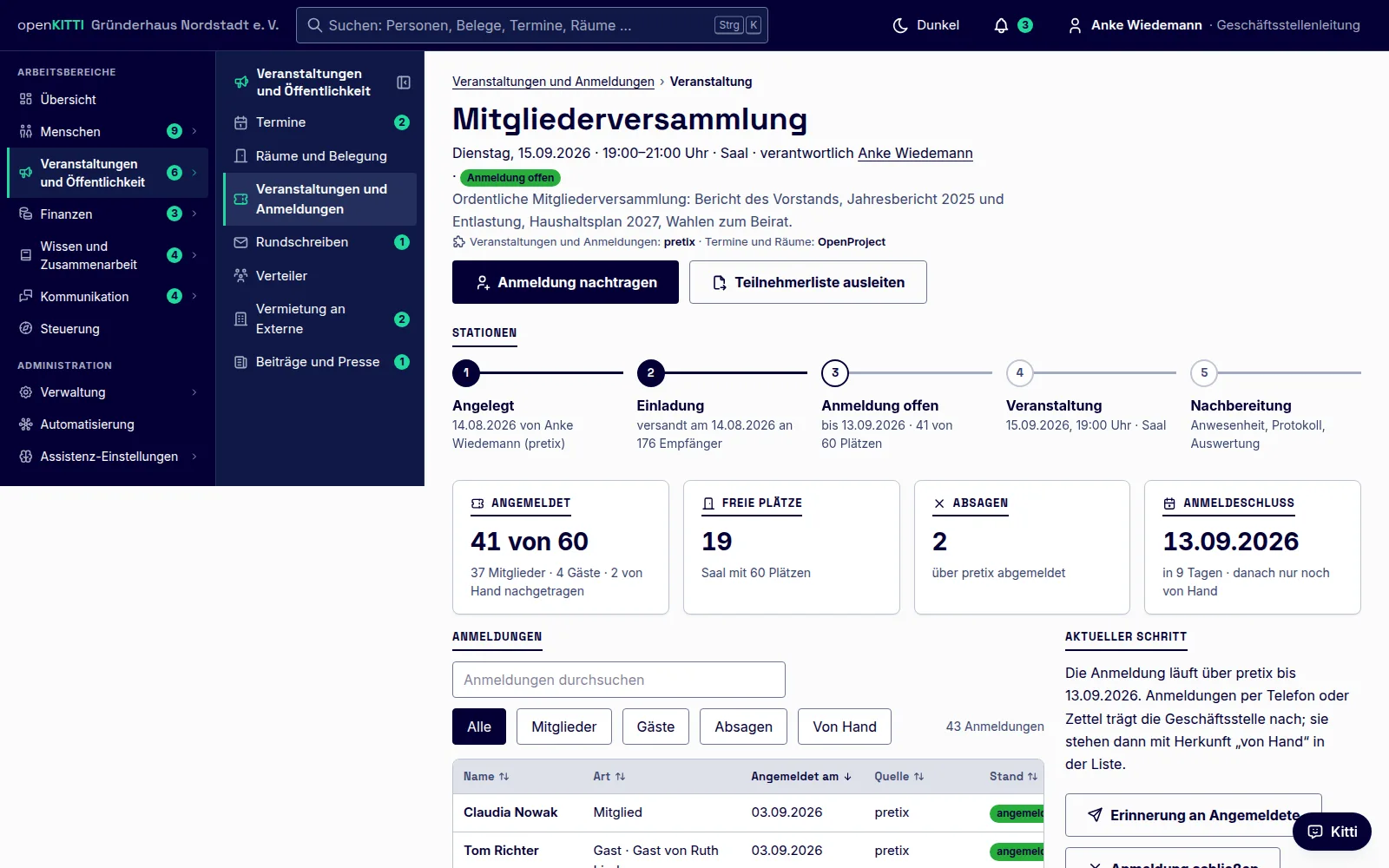 Die Mitgliederversammlung mit Anmeldestand, Anmeldeliste und den verbundenen Einträgen Termin, Einsatz, Einladung, Beleg und Unterlagen.